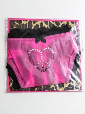 Betsey Johnson Mesh + Lace Thong with Embellished Peace Heart Design Pink NWT S